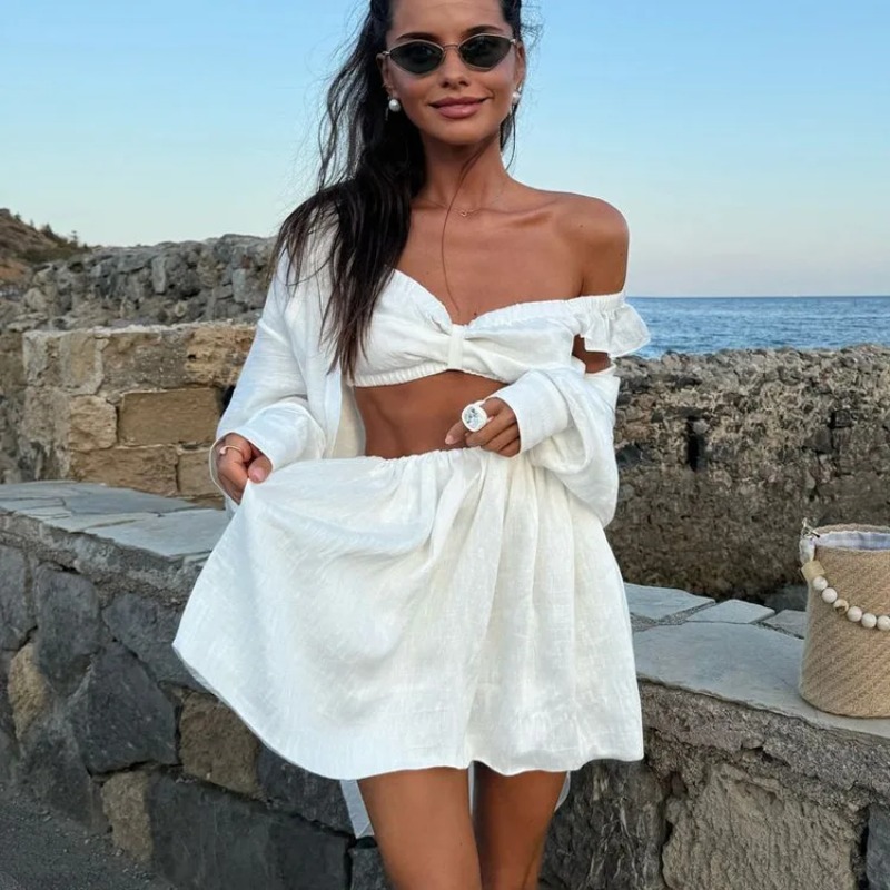 Women Formal Wear For Summer - Tank Top Kabarık Mini Etek Iki