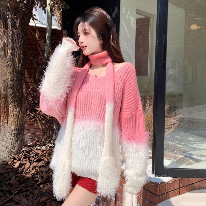 Women Formal Wear Winter - Kadın Degrade V Yaka Kazak Vizon