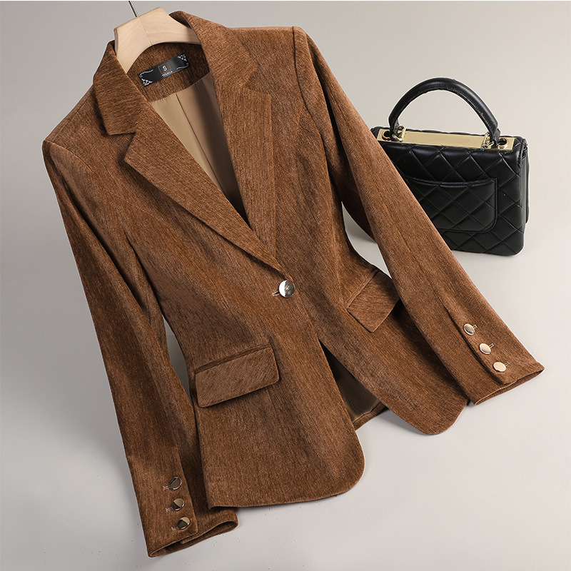 Women Formal Wear Winter - Sarı Altın Kadife Blazer Kadın Sonbahar