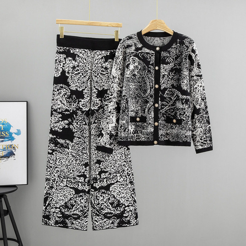 Women'S Formal Wear With Pants - Mizaç Jakarlı Manzara Resmi Desenli Örme
