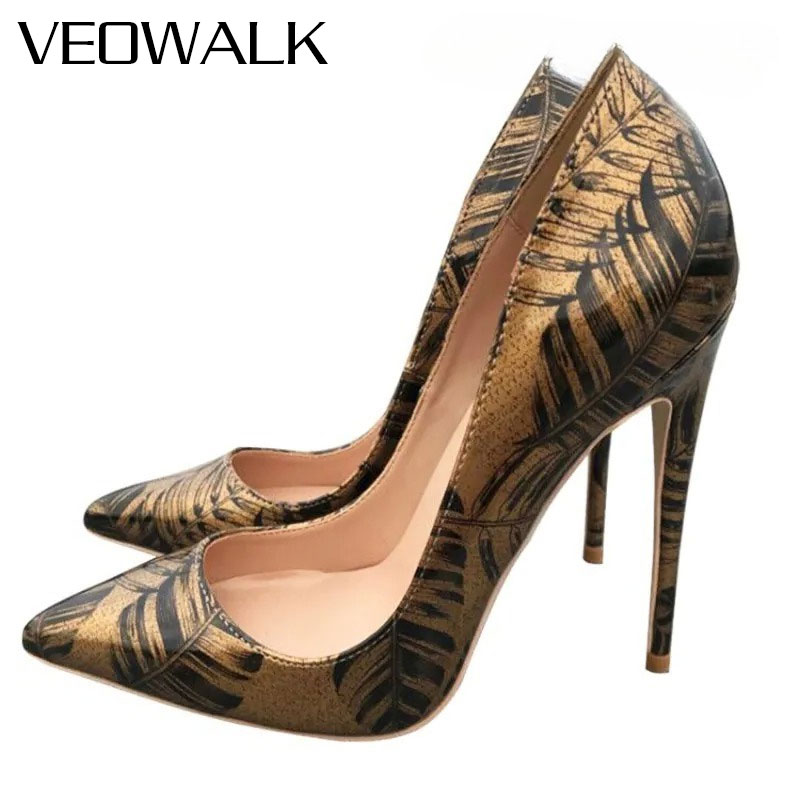 Women Formal Wear Heels - Veowalk Kadın Metalik Altın Desenli Pompalar
