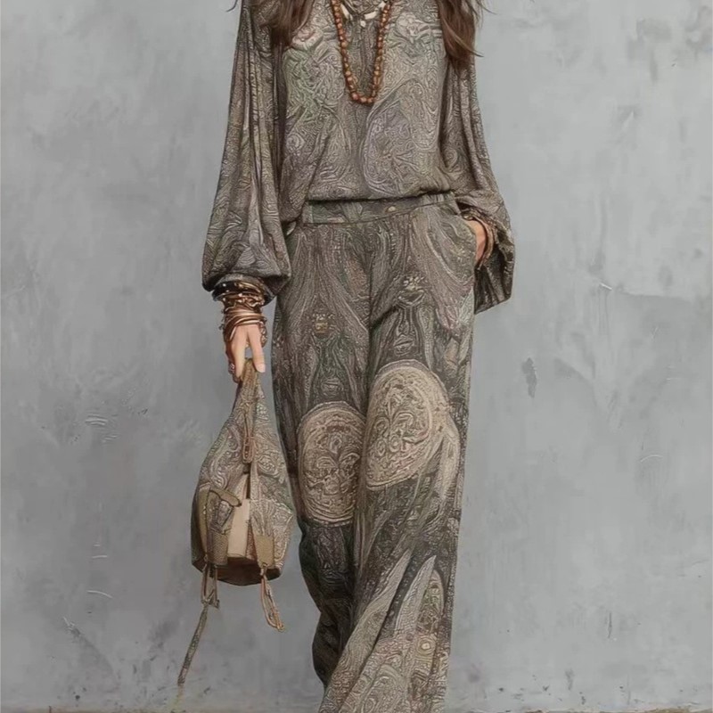 Women Formal Wear Tops - Boho Paisley Desenli İki Parçalı Kadın