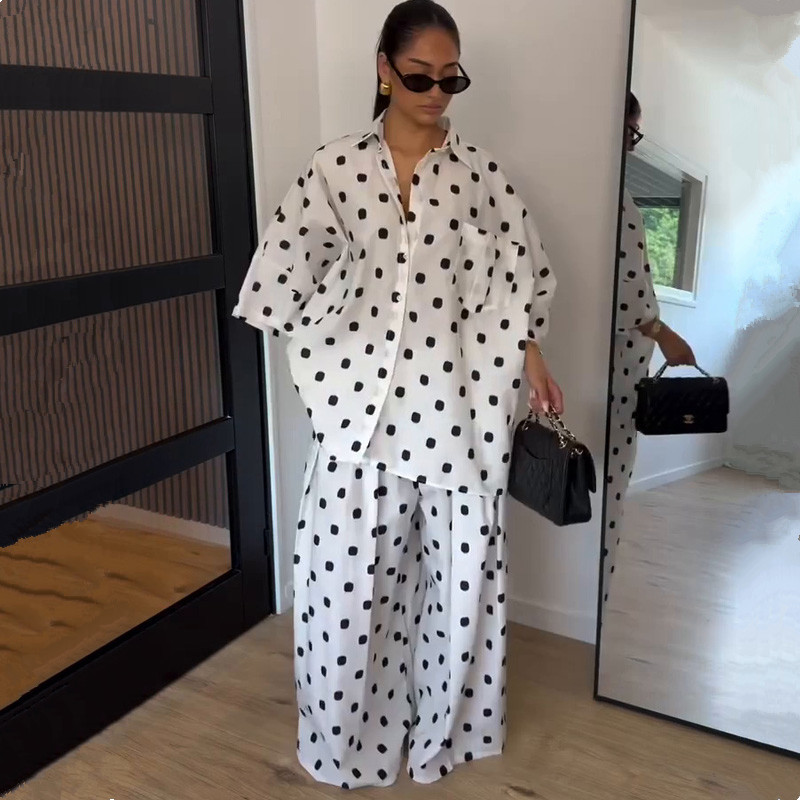 Women Formal Wear Tops - 2026 Sonbahar Modası Puantiyeli Gömlek Pantolon