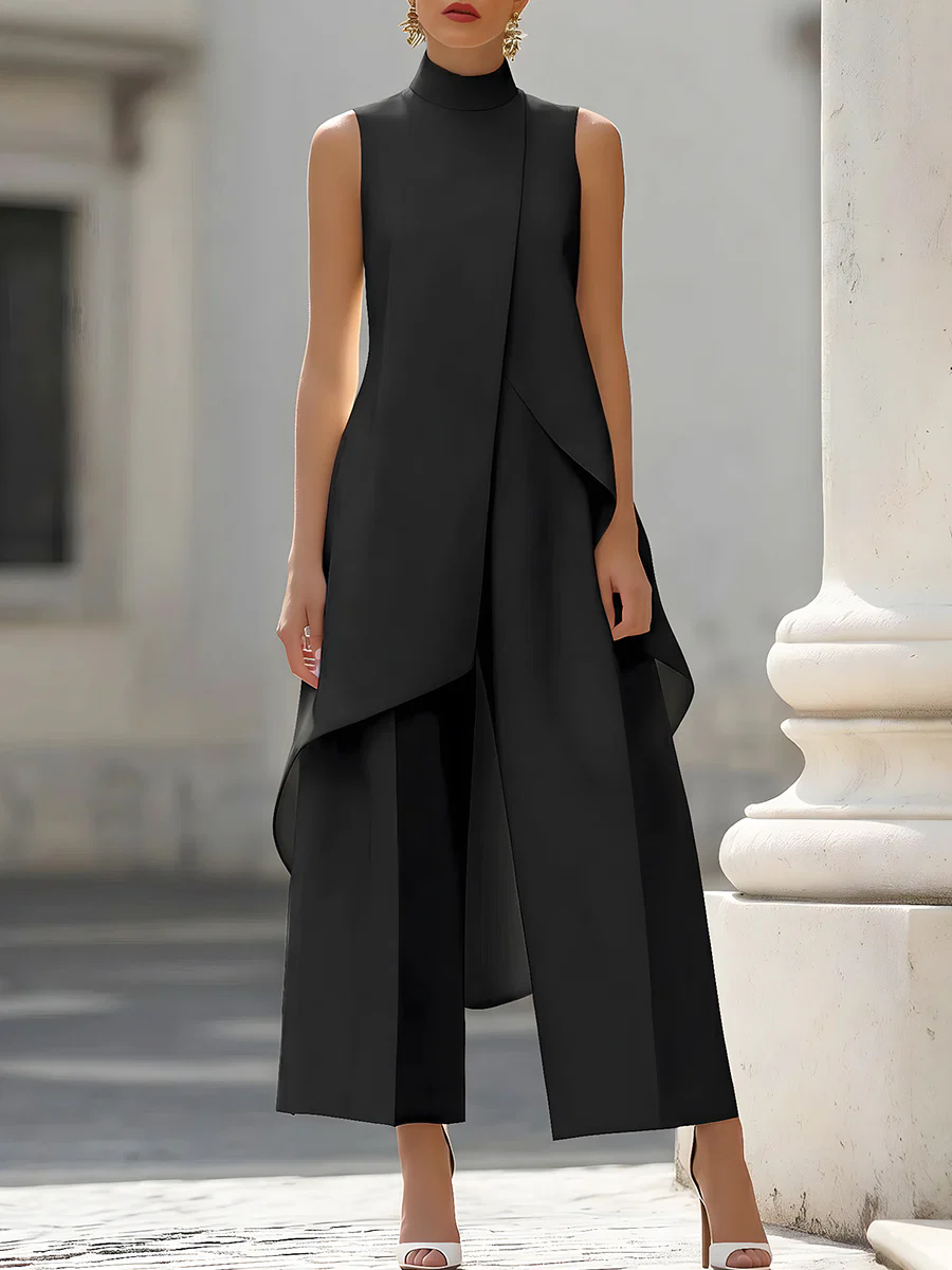 Women'S Formal Wear With Pants - Kolsuz Yüksek Yaka Asimetrik Katmanlı Tulum